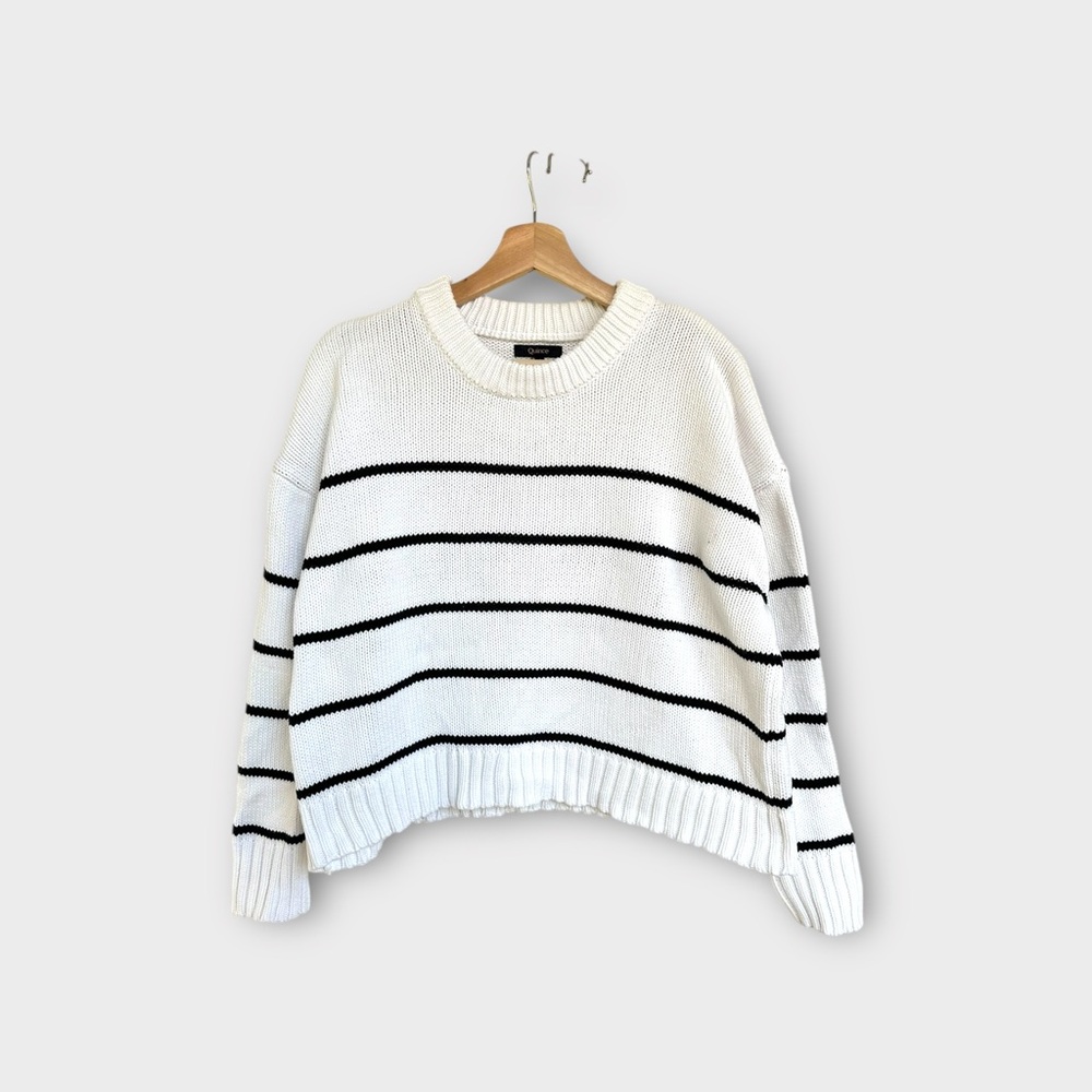 Quince 100% Organic Cotton Striped Crew Sweater in White and Black, size S - Picture 2 of 7